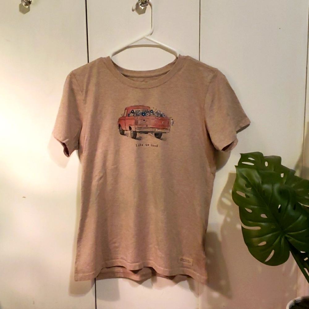 Life is Good tee, "Love" pickup truck w/flowers.  Light heathered brown, sz S.